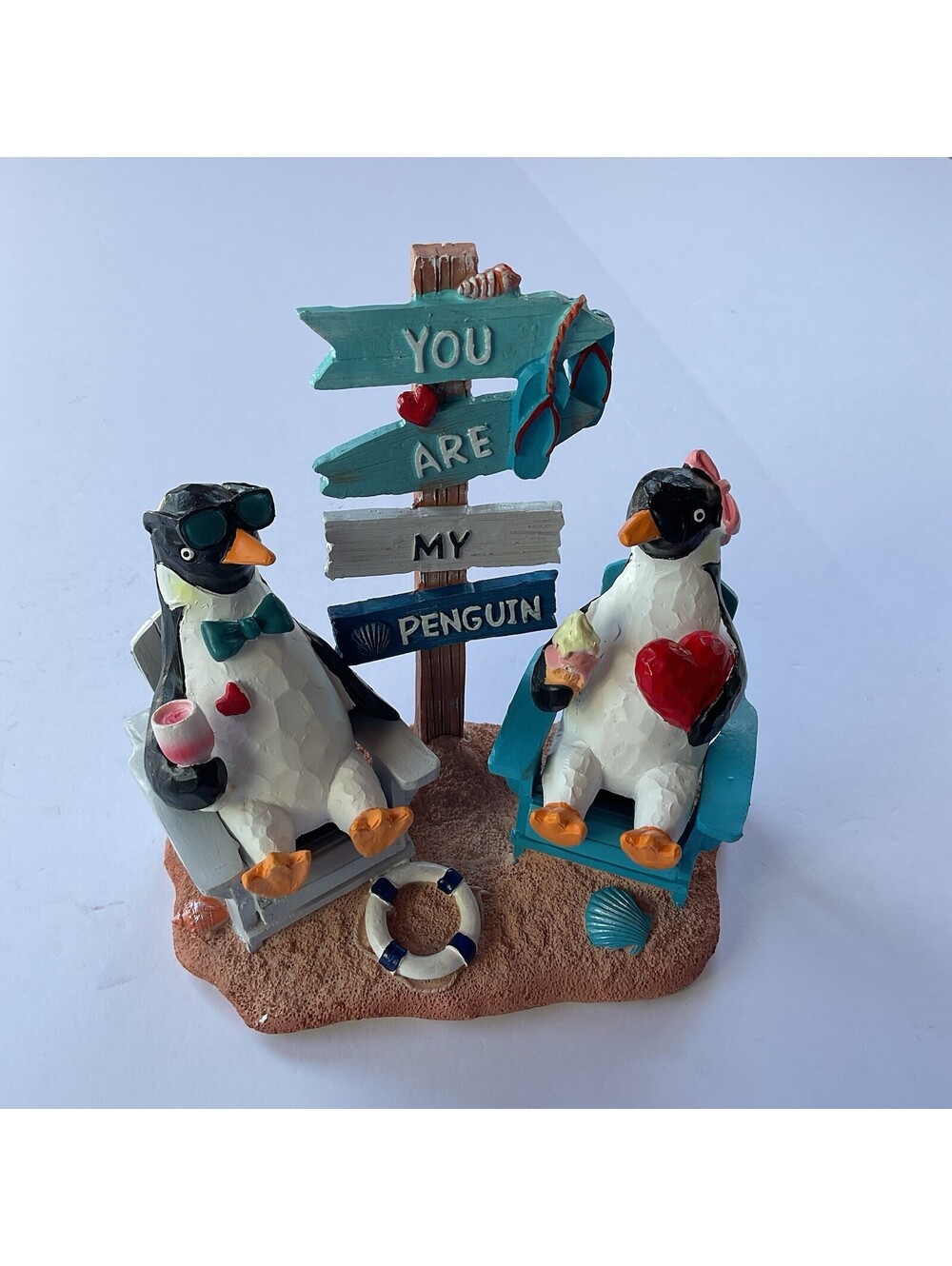 Beach House Decor Coastal Chair Resin with Penguins Figurine NWB